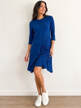 Morgane Le Fay Avant Garde Draped 3/4 Sleeve Blue Midi Dress Size XS